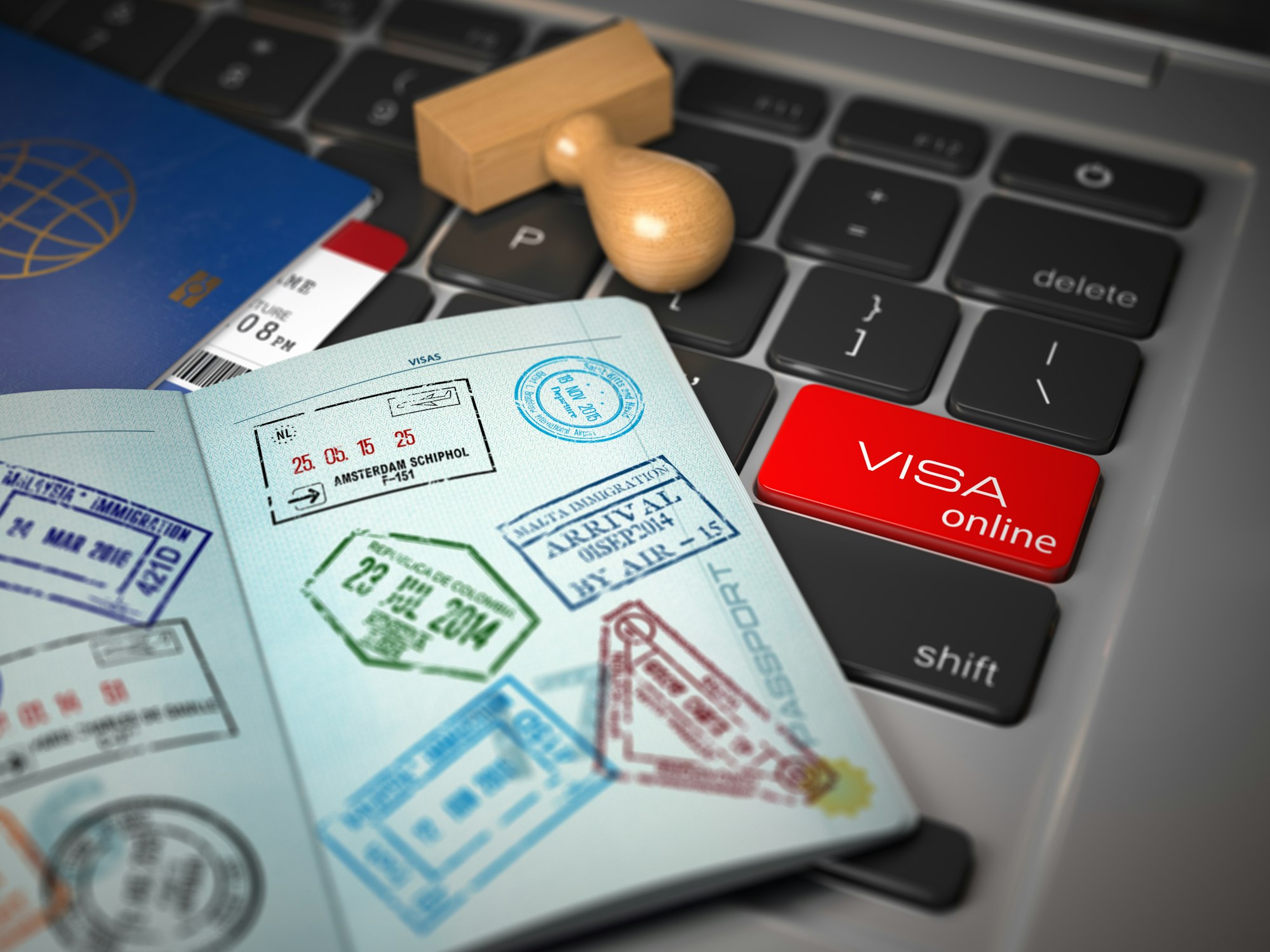 Visa online application concept. Open passport with visa stamps