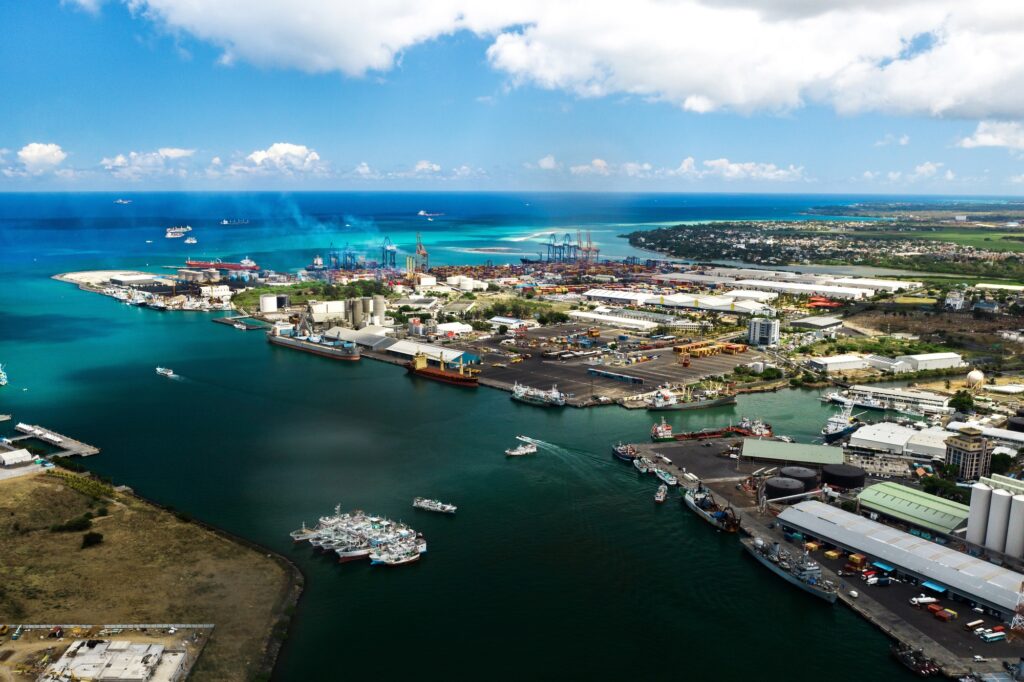 Aerial view of the port on the waterfront of PORT LOUIS, Mauritius, Africa