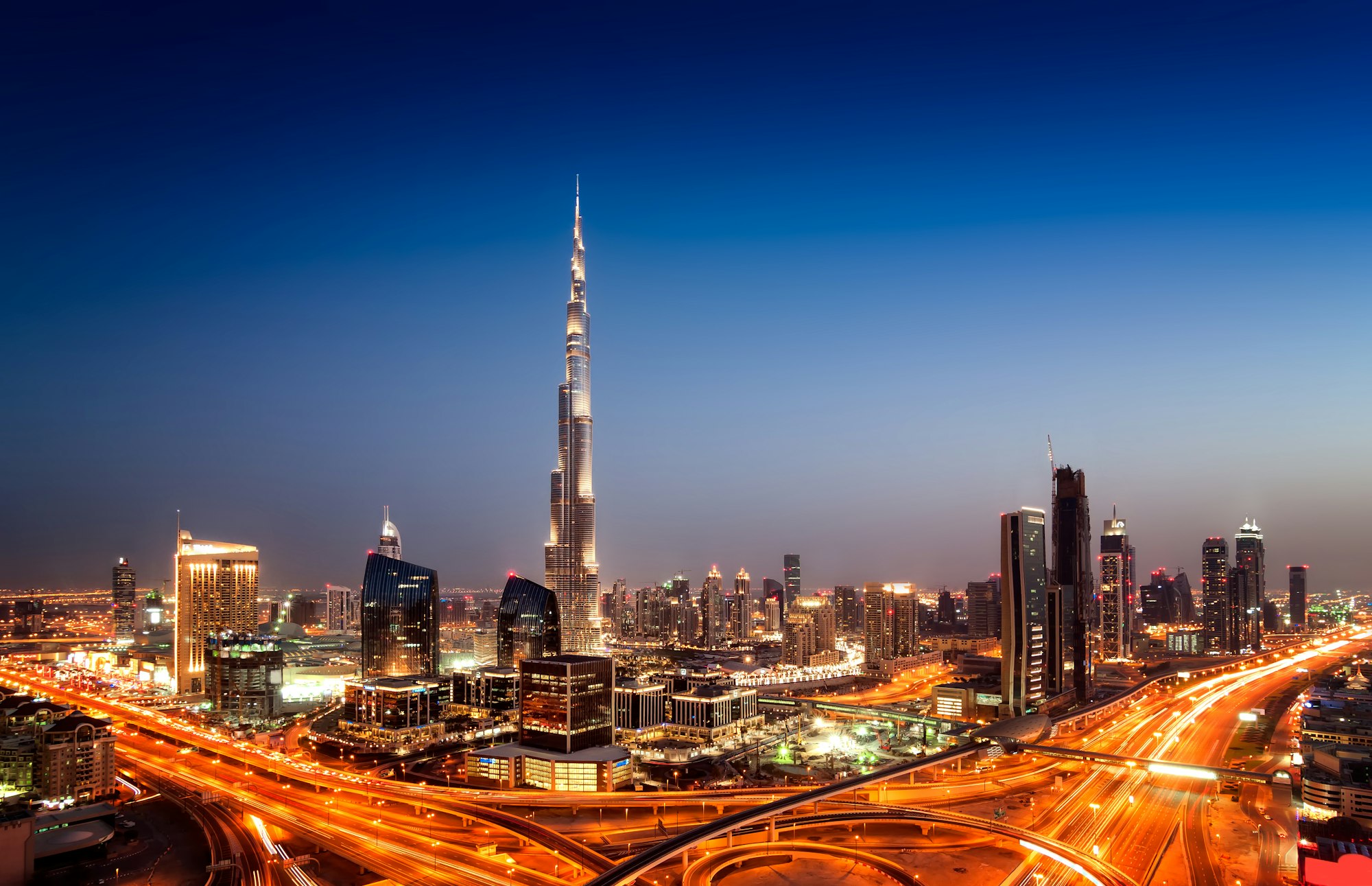 Sunset dubai downtown skyline with tallest skyscrapers, Dubai, United Arab Emirates